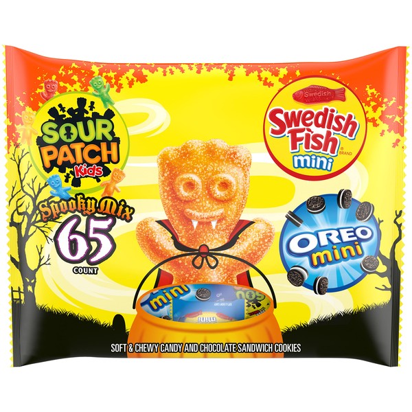 SOUR PATCH KIDS, OREO Mini Chocolate Sandwich Cookies & SWEDISH FISH Mini Halloween Candy Variety Pack, 65 Trick or Treat Bags