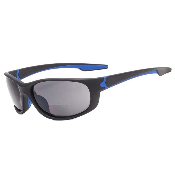 Eyekepper TR90 Unbreakable Sports Bifocal Sunglasses Baseball Running Fishing Driving Golf Softball Hiking Matte Black-Blue Frame Grey Lens