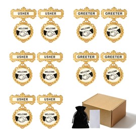 10 Pcs Usher Badges for Church & Greeter Badges for Church - Gold Usher Pins for Church Set with Handshake Design, Round Lapel Name Tags for Usher Uniforms for Church (With Bag & Cloth)