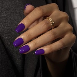 KQueenest Purple Press On Nails Short Coffin - Acrylic Press On Nails with Glue, Ballerina Short Fake Nails Press ons, Glossy Opaque Dark Plum, Reusable Soft Gel Glue on Nails for Women, 30 Pcs