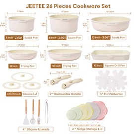 JEETEE Pots and Pans Set Non Stick 26pcs, Cookware Set with Removable Handle, Induction Kitchen Cooking Sets with Detachable Handle, RV Camping Stackable Pots Pans, Oven Safe, PFOA Free, Beige