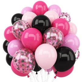Pink and Black Balloons, 12 Inch Hot Pink Pastel Pink Black Balloons with Black Pink Confetti Balloons for Girl Women Birthday Baby Bridal Shower Wedding Mouse Theme Party Decorations