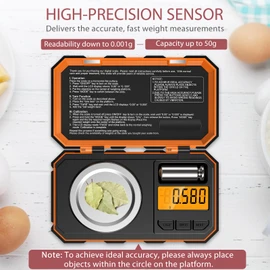 LOFICOPER Digital Pocket Scale, 50 g/0.001 g Fine Scale, Milligram Scale, Precision Scales with LCD Display, 6 Units, 50 g Calibration Weights, Tare Function - Orange