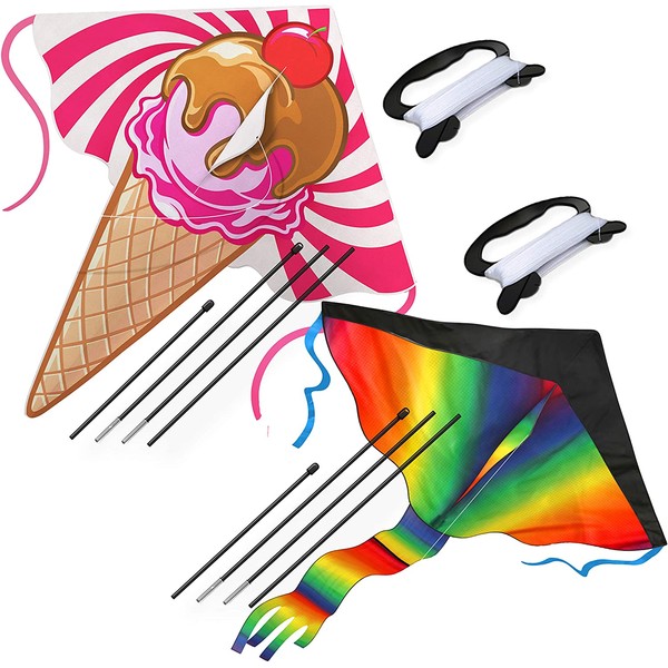 AGREATLIFE 2 Pack Large Rainbow Kite and Ice Cream Kite for Kids with 50 LB x 328 Feet - Twisted Kite Line - Easy to Fly Huge Kites