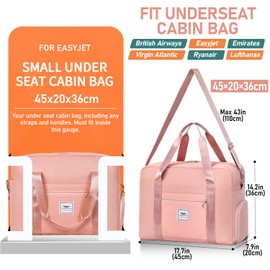 FIORETTO for Easyjet Airlines Cabin Bag 45x36x20 Underseat Travel Hand Luggage Carry on Bag Weekend Overnight Duffle Holdall Bag for Women and Men with Shoes Compartment Pink