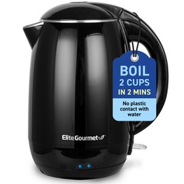 Elite Gourmet EKT1821 1.8L Double Wall Insulated, Cool-Touch 1500W Kettle w/Stainless Steel Interior & Lid, 360° Swivel Base for Cord Free Serving, Power On Lever, Auto Shut-Off, Boil Dry, Black