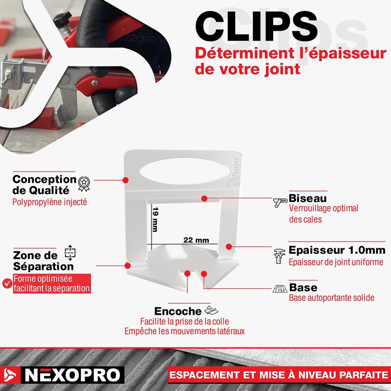 NEXOPRO® Tile Leveling Kit - 300 Clips/Spacers (1mm) - Reusable