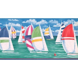 Concord Wallcoverings Wallpaper Border Nautical Pattern Sea Sailboats Sky Clouds for Cottage Beach House Kid's Bedroom, Blue Green RedYellow, 15 Ft by 10.25 In CC829B