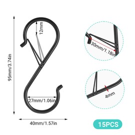 15 Stück S Haken zum Einhängen mit Sicherheitsschnalle, Schwarz Haken zum Einhängen, Haken für Kleiderstange, Vielseitig S-Haken Metall für Küche Werkstatt Badezimmer Garten Schlafzimmer Draussen