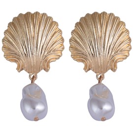 Eioi & Lmnm Women's Chunky Gold Shell Baroque Pearl Large Dangle Earrings, Large Seashell Pearl Drop Earrings, Exaggerated Ocean Theme Statement Earrings, Trendy Beach Jewelry Gift for Summer Holiday Wedding (A)