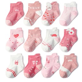 Yafane 12 Pairs Boys Girls Unisex Small Cotton Cute Cuffed Non Slip Socks for Baby, Multicolour 1