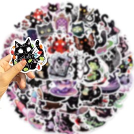 Aigemumy 50 PCS Magic Cat Sticker Cartoon Black Cat Vinyl Decal for Journaling Laptop Caps Luggage Scrapbook Water Bottles Gift for Kids Teen