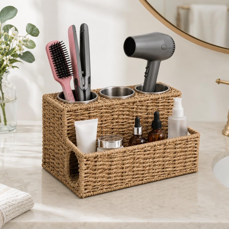 Hair Tool Organizer Countertop with 3 Stainless Steel Cups, Woven