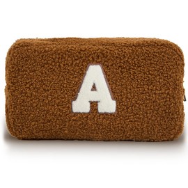 kamumanni Cute Plush Makeup Bag, Fluffy Cosmetic Bag with Initial, Small Aesthetic Makeup Pouch with Chenille Letter for Travel, Gifts for Women and Girls, Brown-A