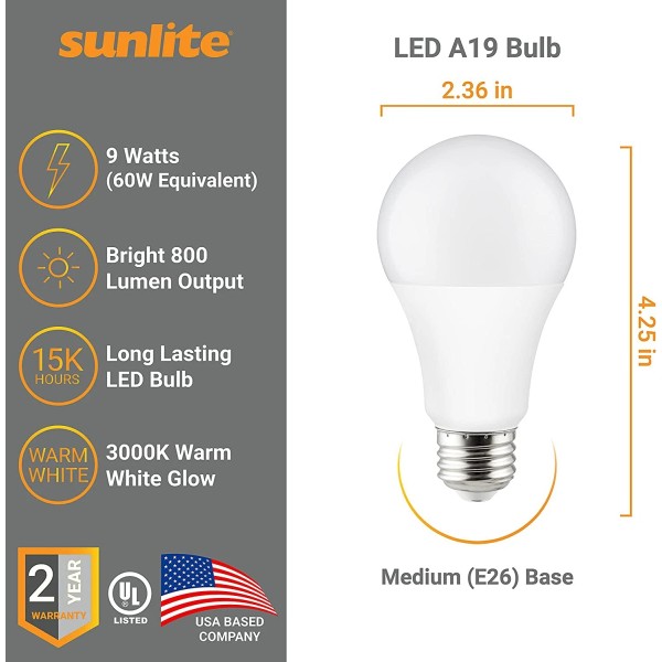 Sunlite A19; 9W; 3000 Kelvin; E26 Base; Omnidirectiona