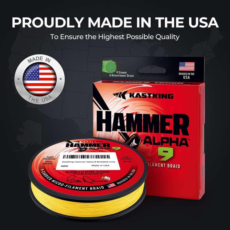 KastKing Hammer Alpha 9 Braided Fishing Line, Yellow, 15LB, 150Yds,