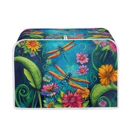 Baxinh Dragonfly Flower Printed Toaster Cover 2 Slice Long Slot, Floral Bread Maker Cover Washable Dust Protection Kitchen Small Appliance Covers with Top Hook
