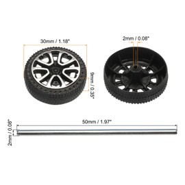 MECCANIXITY 200pcs Toy Car Wheels, 30mmx9mm Plastic Roll and 2mmx50mm Shaft Round Rod Axles for DIY RC Car Truck Boat Helicopter Model Part, Black