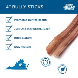 Best Bully Sticks 4 Inch Bully Sticks - 8 oz (Pack of 1) - Natural Grass-Fed, Grain and Rawhide Free, Ideal for Small or Young Canines