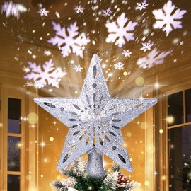 AerWo Christmas Tree Topper Lighted Star Tree Topper with Rotating Snowflake Projector Lights, 3D Glitter Hollow Star Tree Topper for Christmas Tree Decorations