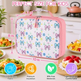 shiprabags Lunch Box for Kids, Cute Bow Insulated Lunch Bag for Girls, Pink Waterproof School Lunch Box Gift for Teens Adult, Durable Lunch Bag for Kids with Shoulder Strap (bow)