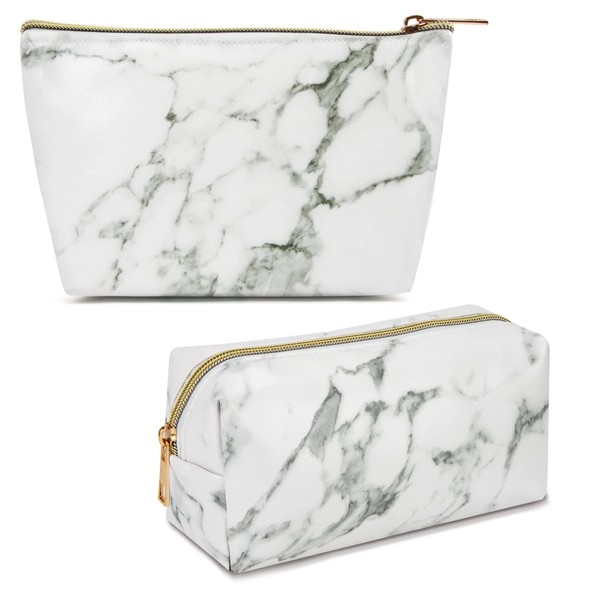 Cosmetic Bag Marble Pattern Makeup Bag Waterproof PU Leather Toiletry Bag Portable Travel Makeup Bag with Gold Zipper for Women and Girls (Pack of 2), White Marble, Waterproof cosmetic bag