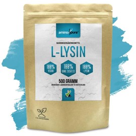 aminopure® | Lysin Pulver pur | reines L-Lysin ohne Zusatzstoffe | 250 Portionen (2 Gramm pro Tag) | 100% vegan und schadstoffgeprüft im Labor mit Zertifikat | 500 Gramm