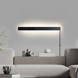 KELUOLY Modern Plug in Wall Sconces, 23.6 inch Frosted Black LED Long Wall Lights, 12W Warm White 3000K Acrylic Indoor Wall lamp,with 59" Plug Cable for Bedroom, Living Room, Bathroom Makeup, Hallway
