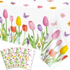 4 Pack Summer Floral Tablecloth Tulip Flowers Table Cloth Plastic Spring Floral Table Cloth Summer Flower Tulip Table Cover for Wedding, Babyshower, Birthday Party Decorations 51 x 86 Inches