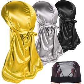 3PCS Silky Durags Pack for Men Waves, Satin Doo Rag, Award 1 Wave Cap,D