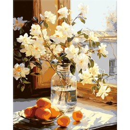 Fan House Paint by Numbers Adults - Orange and Apricot Blossom - DIY Oil Painting Canvas Set with 4 Brushes and Acrylic Pigment for Home Decoration Birthday Christmas Gift - 40 x 50 cm (without Frame)