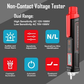 Voltage Tester, Non-Contact Voltage Tester, Dual Range AC 12V/70V-1000V, Signal Percentage, Live/Null Wire Tester, Electrical Tester with LCD Display, Buzzer Alarm, Wire Breakpoint Finder