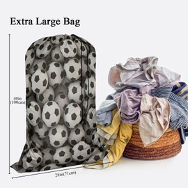 Swono Soccer Ball XL Laundry Bags, Drawstring Closure Dirty Clothes Bag Organizer, Heavy Duty Large Laundry Bag, Football Game Match Sport Rip-Stop Bags, Machine Washable 28" x 40"