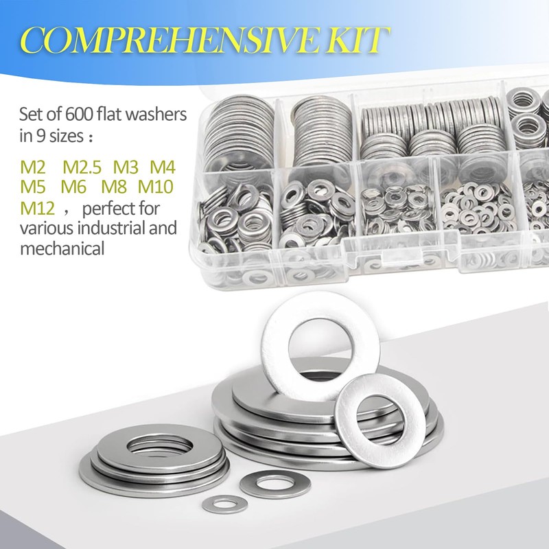 600 Pieces 304 Stainless Steel Flat Washers Set, Washers for
