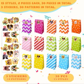 ZOODAMAI 30Pcs Party Favor Bags with Stickers Colorful Paper Checked Gift Kraft Paper Gift Bag for Birthday Party Baby Shower Holiday Celebration (4lb: 9.4 x 5.1 x 3.1 Inch)