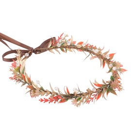 KorViSHOW Red Flower Crown Headband, Artificial Golden Green Leaf Floral Headpiece, Artificial Fairy Boho Flower Headband for Women Girls Wedding Festival Vacation Renaissance Party Photography Props