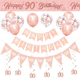 90th Birthday Decorations for Women-Rose Gold 90th Birthday Banners for Her,90th Party Decor Happy 90th Birthday Banner Bunting Foil Hanging Swirls Triangle Flags Confetti Latex Balloons