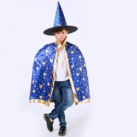 Formemory Halloween Cosplay, Witch, Children, Costume Cloak with Hat, Unisex, Kids Costume, Halloween, Christmas, Parties, Events, 3-Piece Set (Blue)