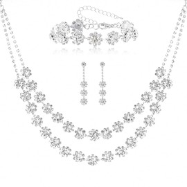 Jmkcoz Women Jewelry Set Silver Necklace Earrings Bracelet Rhinestone Crystal Bridal Wedding Jewelry Sets for Brides Bridesmaid Wedding Party (Style 12)