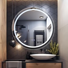 Vipush 28 Inch Round Bathroom Mirror, LED Dimmable Wall-Mounted Vanity Mirror Intelligent Anti-Fog Makeup Mirror Non-Polar Color Wall Hanging Mirror Bathroom with Light de-Fog Mirror
