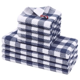 homing Buffalo Plaid Kitchen Towels and Dishcloths Set, 12" x 12" and 13" x 28", Set of 8 Bulk Cotton Waffle Weave Dish Towels, Super Soft Absorbent Hand Towels for Kitchen, Blue & White