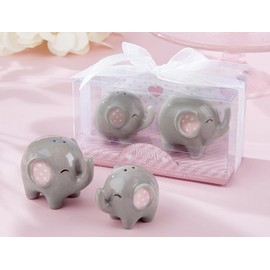 Bienvenue Baby Little Peanut Ceramic Elephant Salt and Pepper Shakers, Thank You Baby Shower Party Favor, Gray and Pink