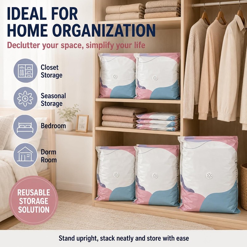 No-Pump Vacuum Storage Bags, Press & Seal Compression Bags, Space