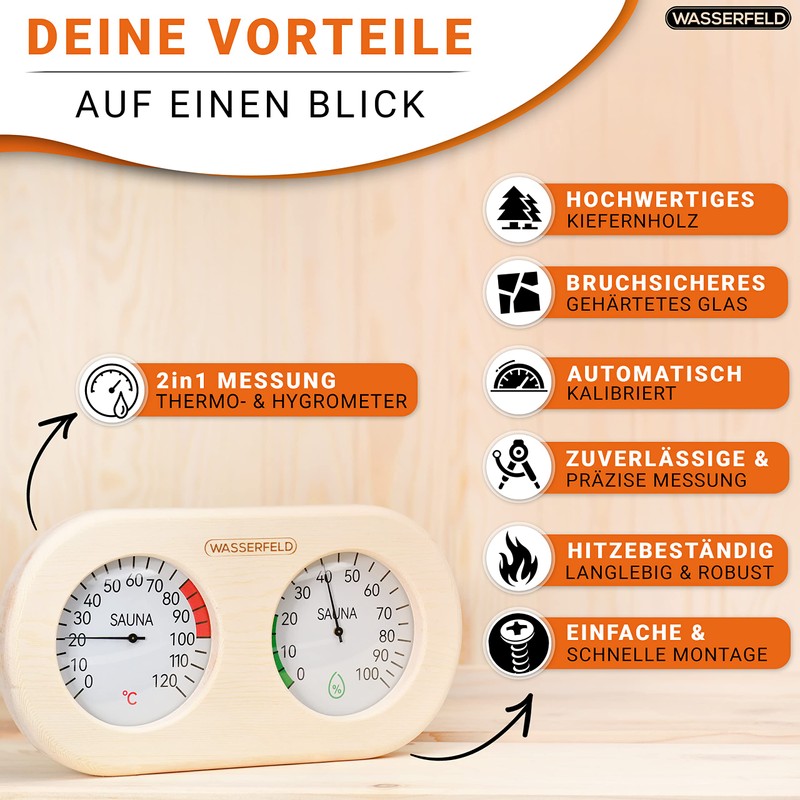 WASSERFELD® Sauna Thermometer Hygrometer [2in1 Funktion] Präzises Saunathermometer für eine
