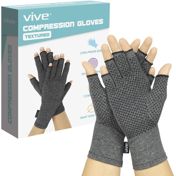 Vive Arthritis Gloves with Grips - Men & Women Textured Fingerless Compression - Open Finger Hand Gloves for Rheumatoid and Osteoarthritis - Arthritic Joint Pain Relief for Computer Typing (Medium)