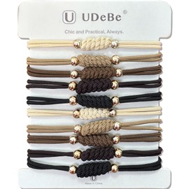 UDeBe Elegant Elastic Hair Ties with Gold Beads – 10-Piece Boho Neutral Set, Durable Knot Ponytail Holders for Women