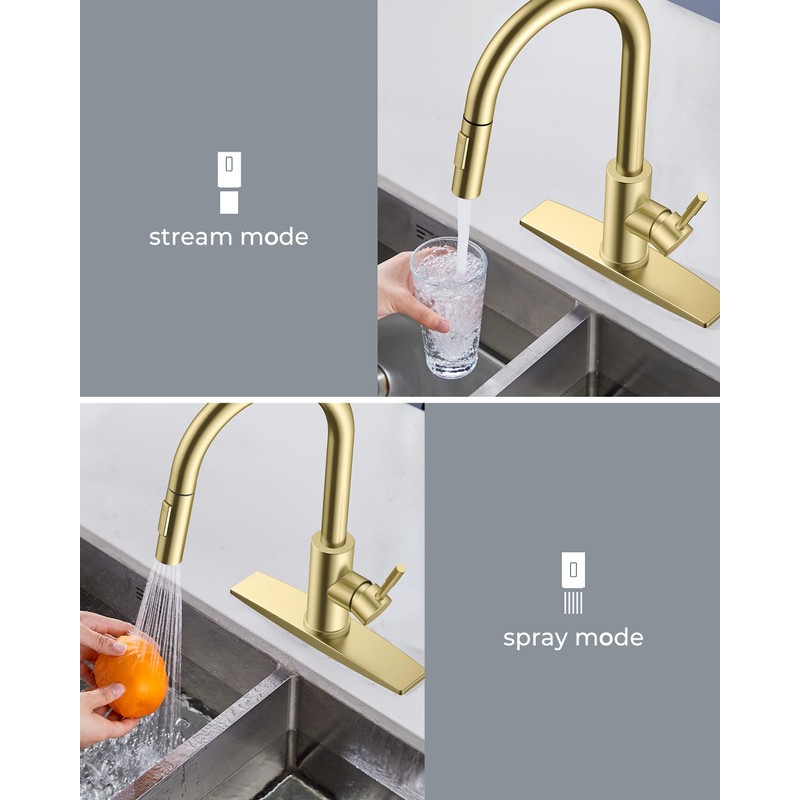 FORIOUS Gold Kitchen Faucet with Soap Dispenser, High Arc Modern