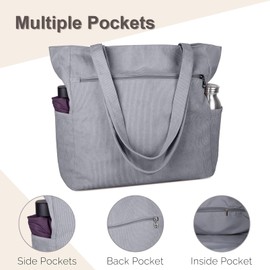 Kememo Corduroy Tote Bag for Women with Zipper, Large Shoulder Bag Handbag for Work School Shopping Travel Gym Vacation, Grey