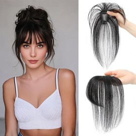QIANCHUN 4x6cm Hand Made Lace Base Human Hair Toppers for Women with Thin Hair Clip in Wispy Bangs Extensions 8 inch Hairpiece Wiglet (Dark Black)