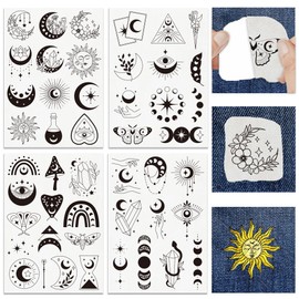 INFUNLY 4 Sheets 47 Pcs Divination Element Water Soluble Stabilizer Self Adhesive Washable Stabilizer with Pre-Printed Moon Eyes Sun Hand Sewing Stabilizers Divination Graphic Embroidery for Clothing